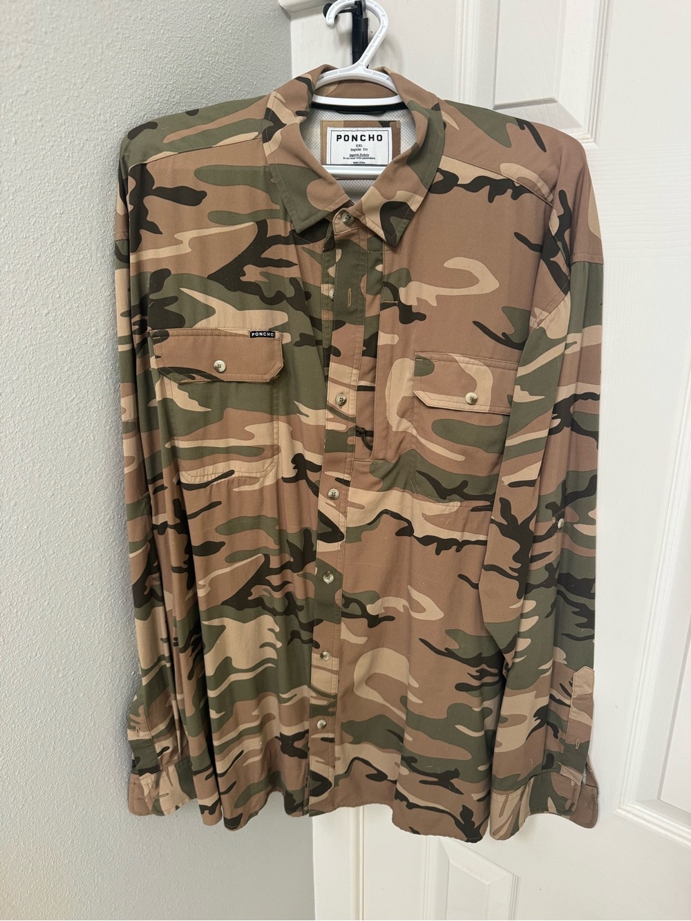 Poncho Men’s Camo Button-Down Shirt in Tan and Olive